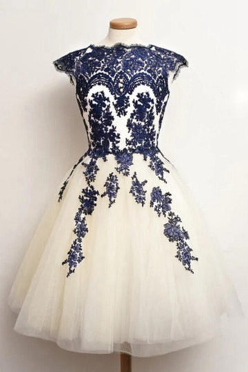 Trendy Short White Navy Junior Lace Prom Dress JTRE011