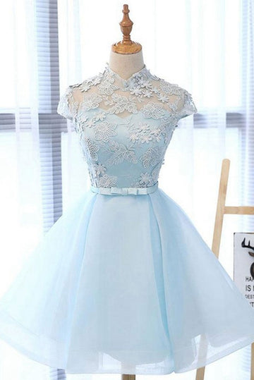 Trendy High Neck Short Blue Lace Junior Prom Dress JTRE023