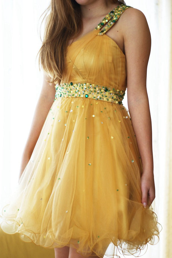 Trendy Juniors Yellow One Shoulder Short Prom Dress JTSH013 Trendy Juniors Yellow One Shoulder Short Prom Dress JTSH013