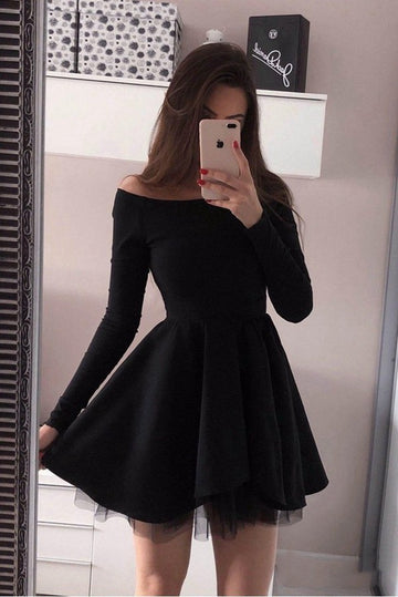 Trendy Junior Long Sleeves Short Black Prom Dress JTSH050