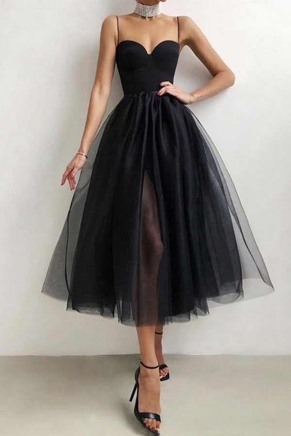 Classic Tea Length Black Tulle Prom Dress JTSH059 Classic Tea Length Black Tulle Prom Dress JTSH059
