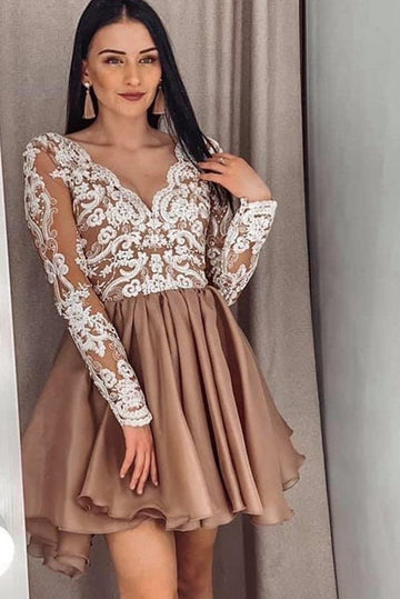 Trendy Long Sleeves V Neck Lace Junior Short Prom Dress JTSH070