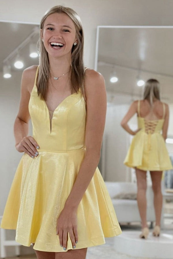 Trendy Junior Straps Short Yellow Prom Dress JTSH098 Trendy Junior Straps Short Yellow Prom Dress JTSH098