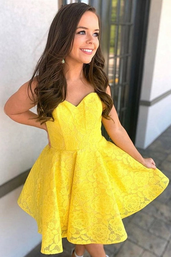 Trendy Sweetheart Lace Junior Short Yellow Prom Dress JTSH099 Trendy Sweetheart Lace Junior Short Yellow Prom Dress JTSH099