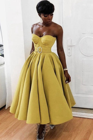 Trendy Sweetheart Tea Length Yellow Satin Short Prom Dress JTSH136