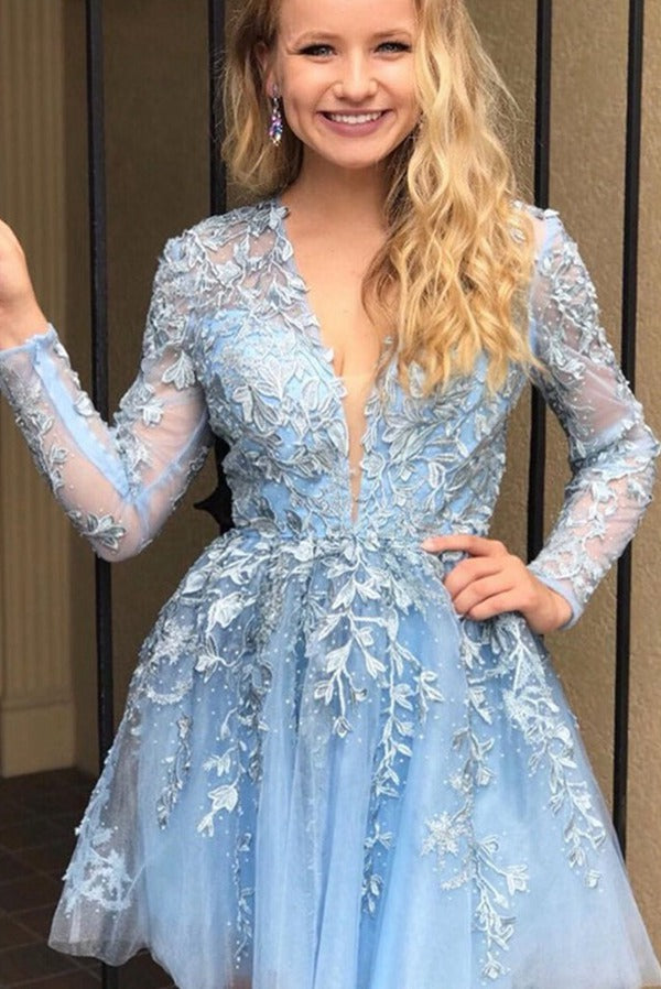 Trendy Long Sleeve Blue Lace Junior Short Prom Dress JTSH155 Trendy Long Sleeve Blue Lace Junior Short Prom Dress JTSH155