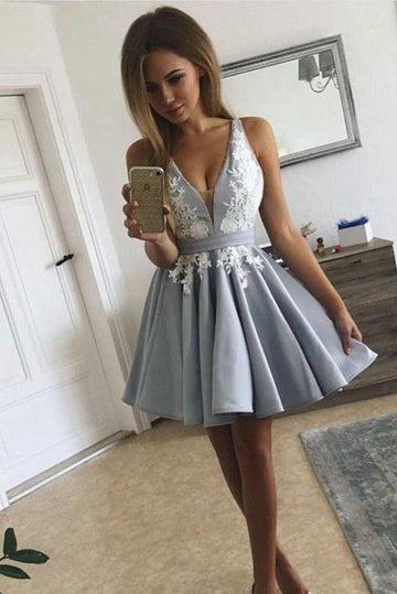 Trendy V Neck Gray Junior Short Prom Dress JTSH168
