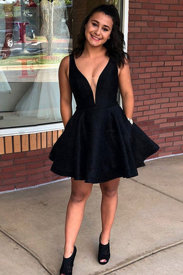 Trendy V Neck Black Junior Short Prom Dress JTSH189