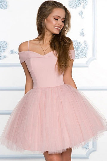 Trendy Off the Shoulder Pink/Navy Blue Short Prom Dress JTSH192