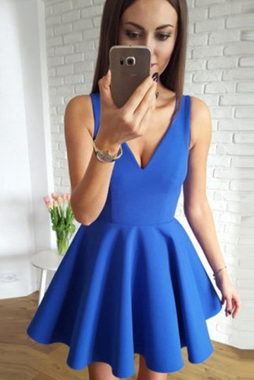 Trendy V Neck Blue Junior Short Prom Dress JTSH195