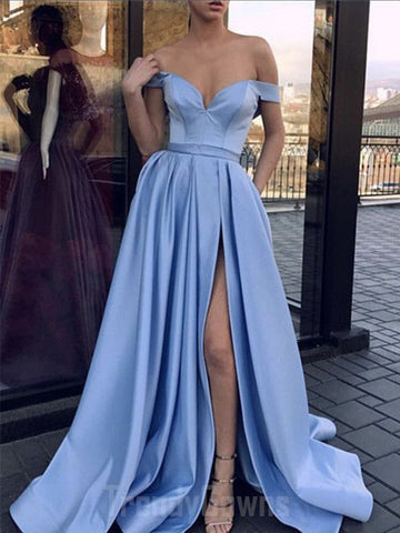 Off-the-shoulder Light Blue Sexy Split Junior Prom Dress GTEEN074