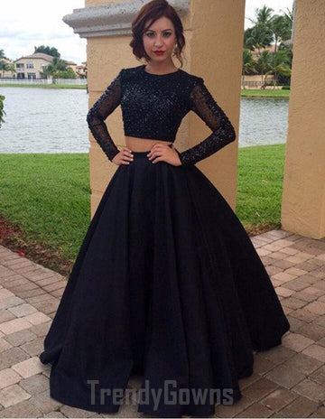 Black 2 Piece Long Sleeve Junior Prom Dress GTEEN092