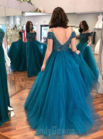 Ink Blue Off-the-shoulder Junior Prom Dress GTEEN107