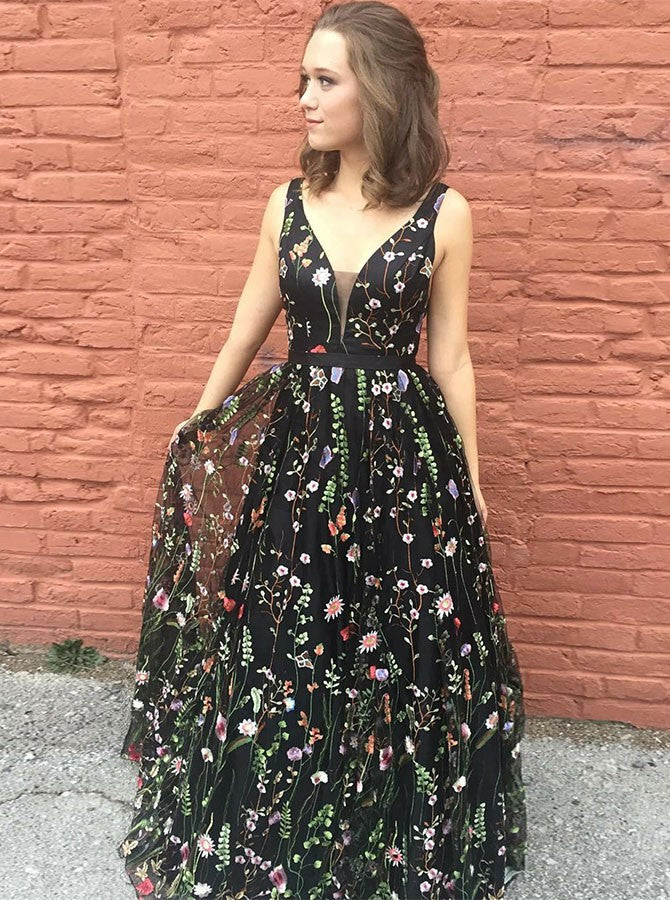 Black V-neck Printed Flowers Lace Junior Girl Prom Dress GTEEN109 Black V-neck Printed Flowers Lace Junior Girl Prom Dress GTEEN109