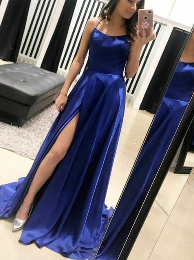 Simple Satin Straps Royal Blue Sexy Side Slit Junior Prom Dress GTEEN1 Simple Satin Straps Royal Blue Sexy Side Slit Junior Prom Dress GTEEN1