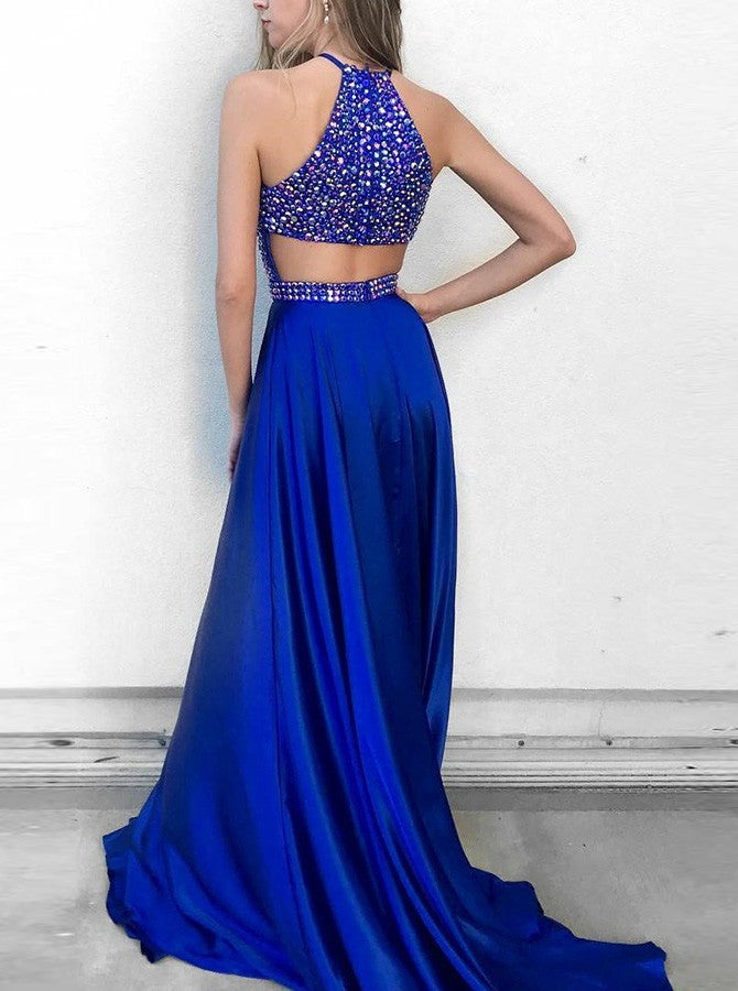 halter royal blue dress Royal Blue Long Halter Sequin Formal Gown 910 Royal / 0