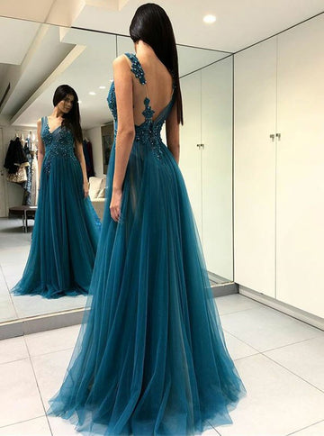 Sexy Slit V-neck Tulle Ink Blue Junior Prom Dress GTEEN119
