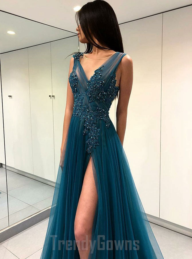 Sexy Slit V-neck Tulle Ink Blue Junior Prom Dress GTEEN119 Sexy Slit V-neck Tulle Ink Blue Junior Prom Dress GTEEN119