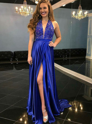Sexy Slit V-neck Royal Blue Junior Prom Dress GTEEN120