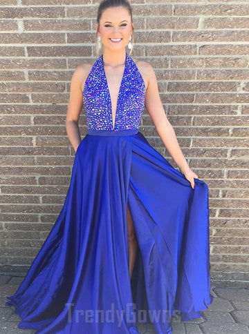Sexy Slit V-neck Royal Blue Junior Prom Dress GTEEN120