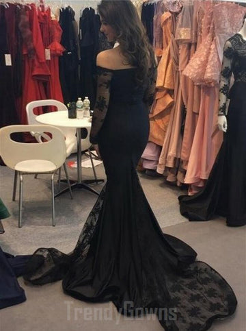 Black Long Sleeve Off-the-shoulder Mermaid Junior Prom Dress GTEEN123