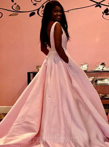 Pink V-neck Satin Junior Prom Dress with Pocket GTEEN124