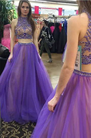 Princess Purple Beading Two Piece Junior Prom Dress GTEEN134