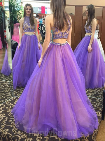 Princess Purple Beading Two Piece Junior Prom Dress GTEEN134