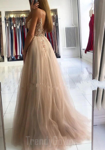 Dark Champagne Straps Tulle Beading Junior Prom Dress GTEEN136