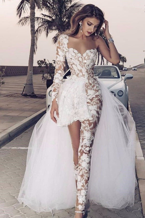 Hi-Lo Lace One Shoulder Long Sleeve Wedding Gown Pantsuits TWA003 Hi-Lo Lace One Shoulder Long Sleeve Wedding Gown Pantsuits TWA003