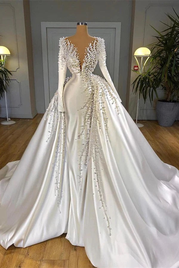 long sleeve wedding dress with detachable train Long Sleeve Beading Sequins Appliques Mermaid Wedding Dress With Detac Elsi John