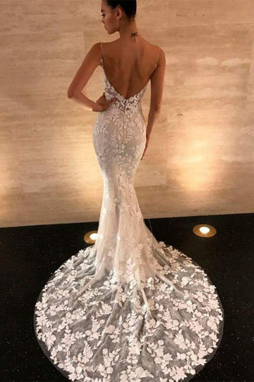 Trendy Spaghetti Straps V Neck Lace Mermaid Wedding Gown TWA009