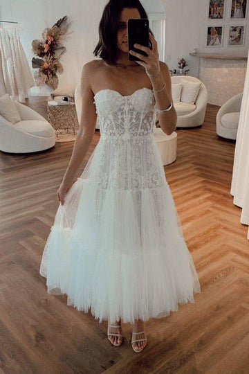 Unique Vintage Tea-length Lace Wedding Dress TWA010