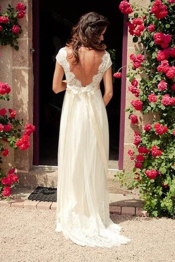 Boho V-neck Cap Sleeves Wedding Gown With Sash TWA0112