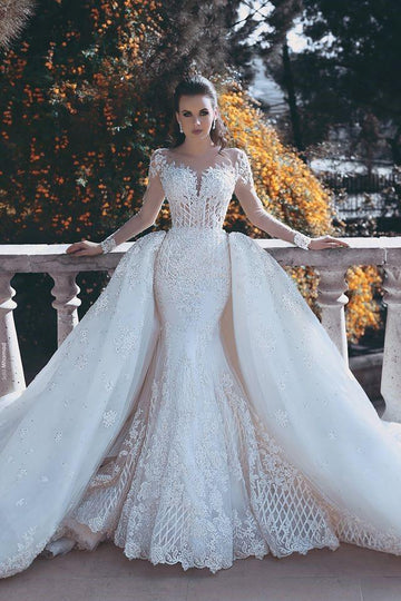 Trendy Mermaid Overskirts Long Sleeve Lace Wedding Gown TWA024