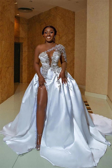 High Split One Shoulder Long Sleeve Open Back Appliques Lace Wedding Gown TWA026
