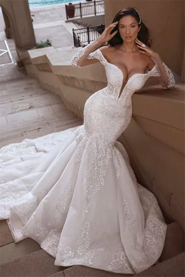 Mermaid V-neck Off-the-shoulder Paillette Applique Wedding Gown TWA027