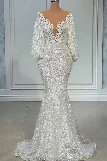 Mermaid V-neck Lace Long Sleeve Applique Beaded Wedding Gown TWA029