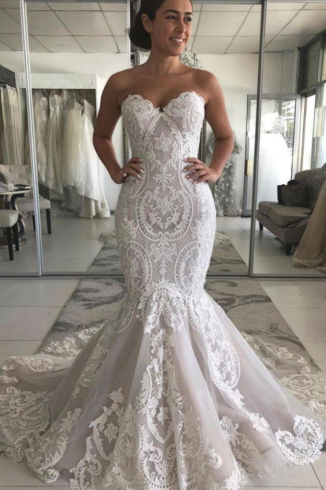 ivory mermaid style wedding dress Berylove Women Ivory Mermaid Wedding Dress Appliqued V-Neck Long Sleeve Bridal Dress With Sweep Train