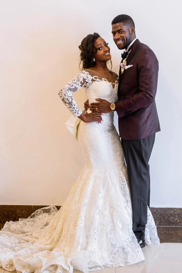 Trendy Illusion Long Sleeve Lace Mermaid Plus Size Bridal Gowns TWA035