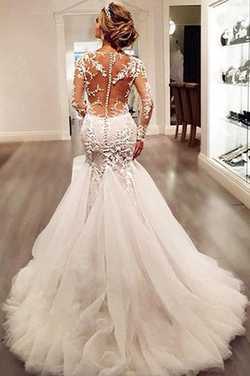 Long Sleeves Mermaid Wedding Gown With Lace Appliques TWA0372