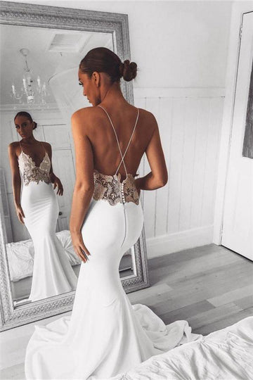 Trendy V Neck Lace Spaghetti Strap Mermaid Bridal Gowns TWA039