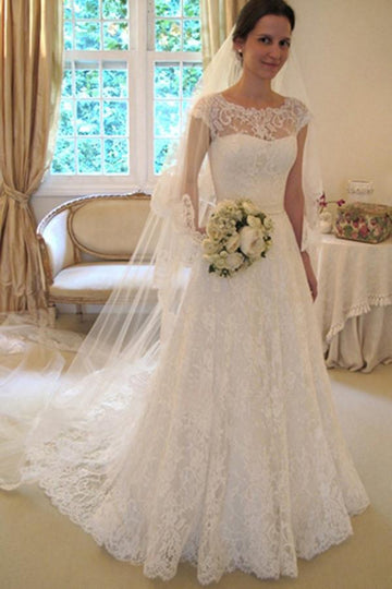 Scoop Neck Short Sleeve A-Line Lace Wedding Gown TWA0432
