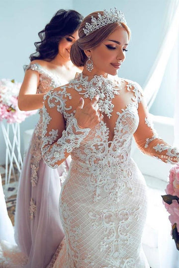 Trendy Long Sleeve Long Train Tulle Beading Paillette Lace Bridal Gowns TWA050