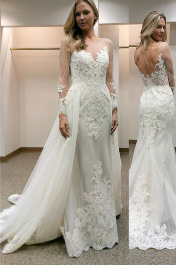 Long Sleeves Sheath Wedding Gown Lace Detachable Train TWA0602