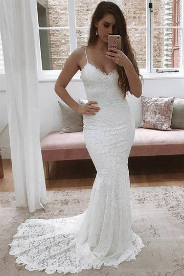 Spaghetti Straps Mermaid Lace Ivory Wedding Gown TWA0612