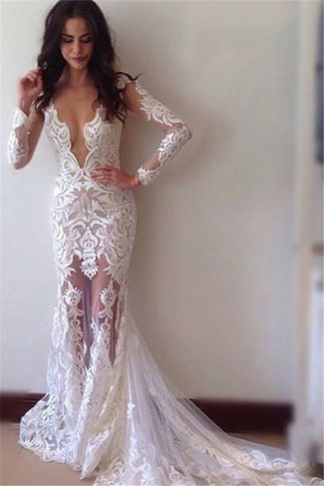 Trendy Sheath Long Sleeves Lace Appliques Bridal Gowns TWA062
