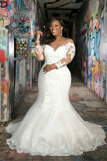 Trendy Long Sleeves V neck Plus Size Lace Mermaid Bridal Gowns TWA068