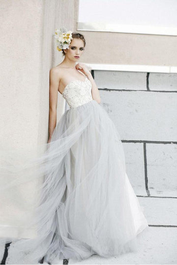 A-line White Lace Grey Tulle Strapless Sweetheart Wedding Gown TWA0712