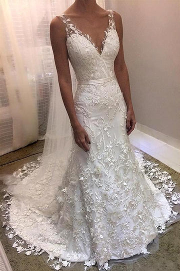 Trendy V neck Lace Mermaid Court Train Bridal Gowns TWA076